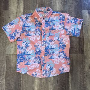 HUK Kona Performance Button Down Floral Orange Running Lake Fishing Top Men Sz S